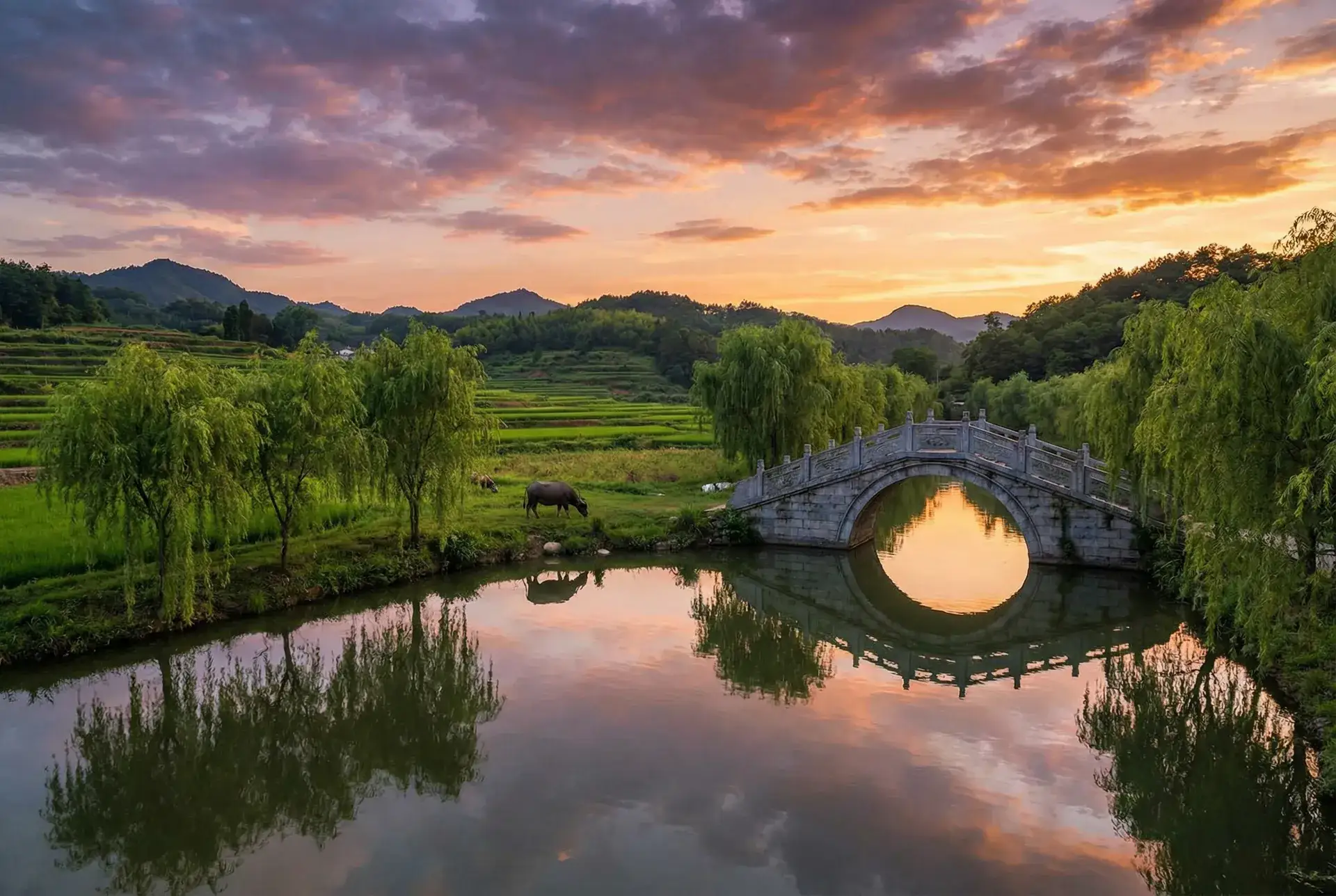 夕阳下的石拱桥与垂柳，水牛在河边吃草 - 乱合集500篇 目录 乡村美景